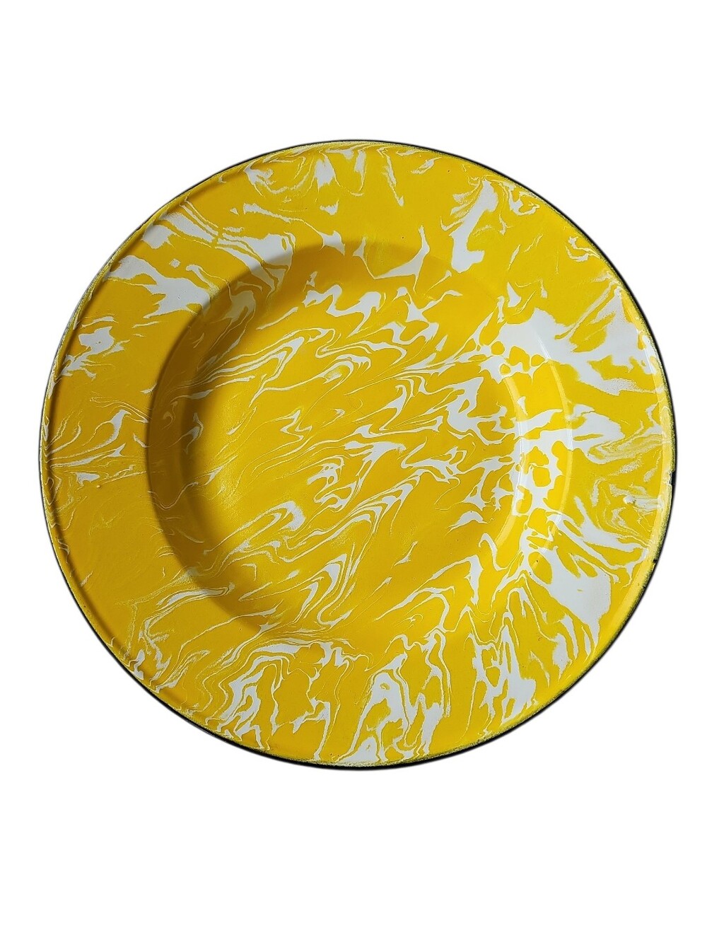 Vintage Yellow Marbleized Splatterware Enamel 10 Inch Plate Black Rim